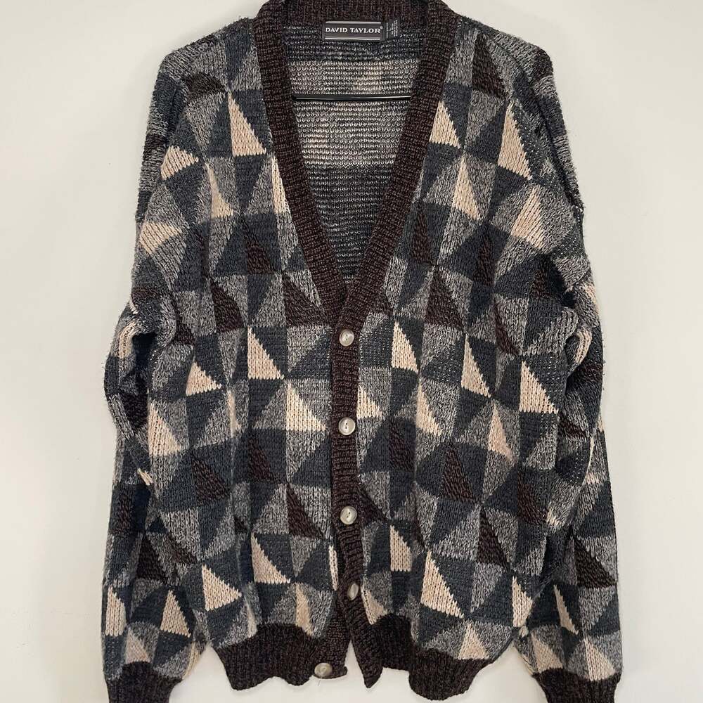 Vintage 90s David Taylor Geometric Triangle Cardigan Sweater Men's Large Grandpa
